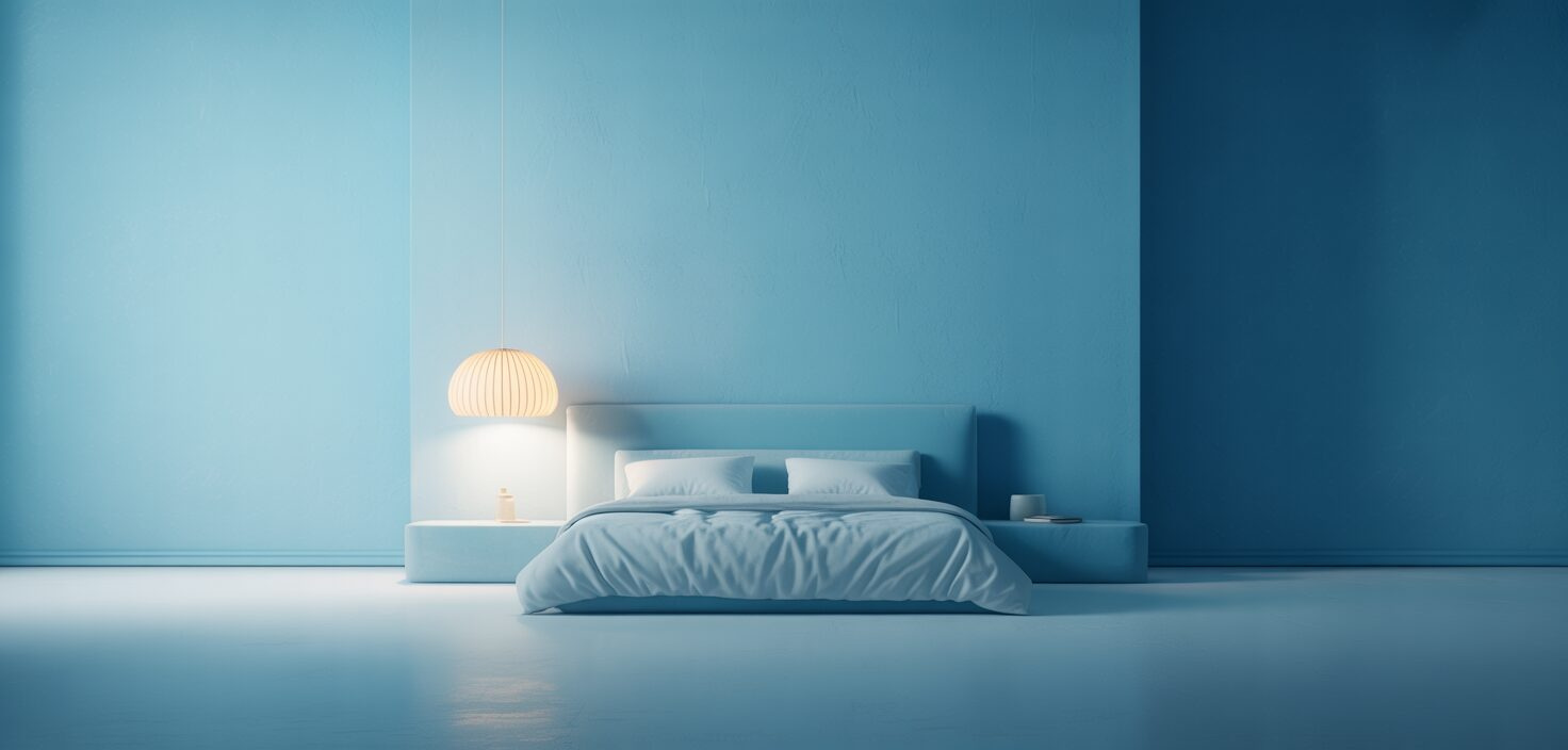 A minimalist bedroom with blue walls, a bed and a lampshade, focusing on calm atmosphere.